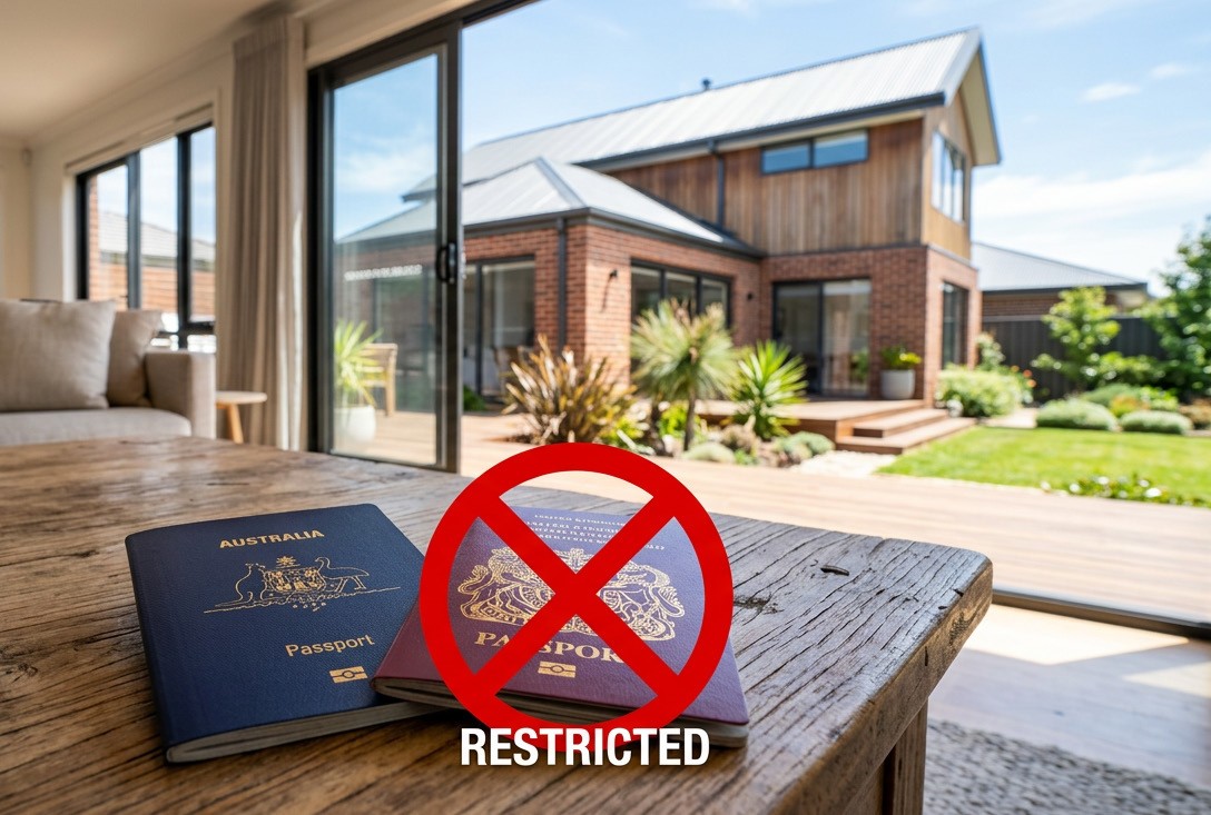 An Australian home and a passport in a residency-themed illustration
