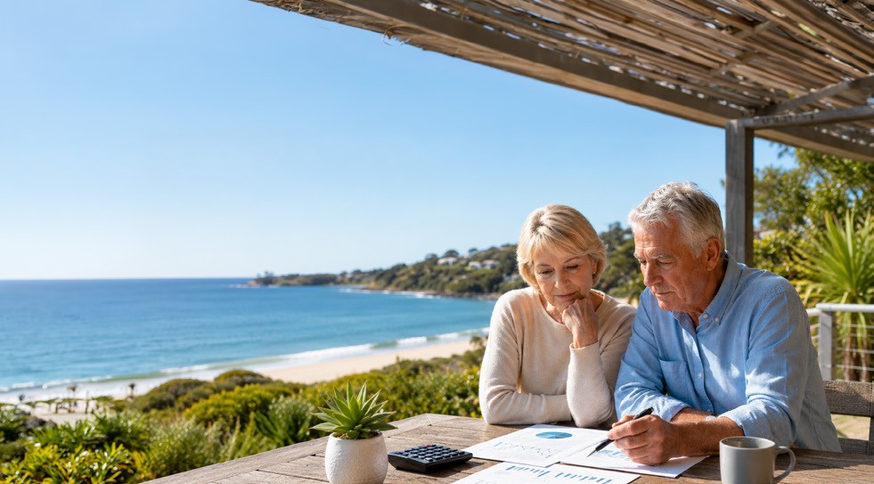 A retired couple sitting together beside the coast